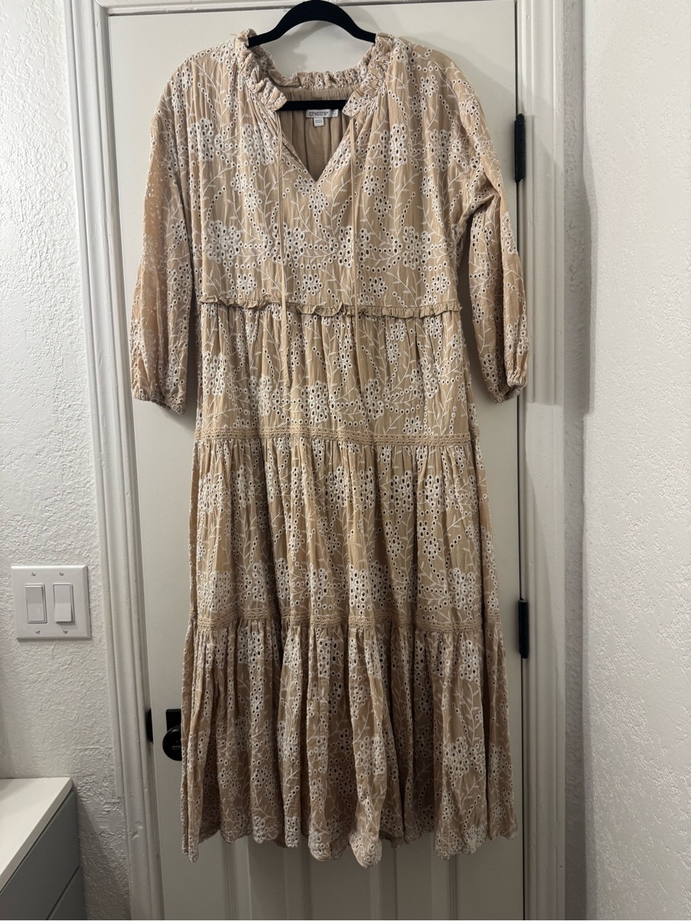 Chico's Beige Eyelet Tiered Midi Dress